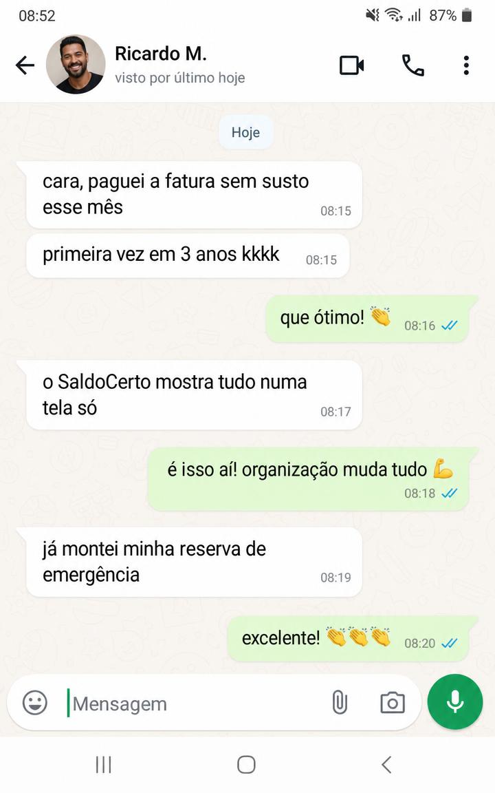 Conversa no WhatsApp: usuário paga a fatura sem susto pela primeira vez com o SaldoCerto